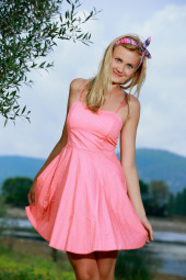 Blonde puffy nipples blonde in pink summer dress and nude outdoor