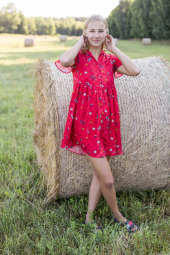 Exciting blonde in the field wearing sexy red summer dress